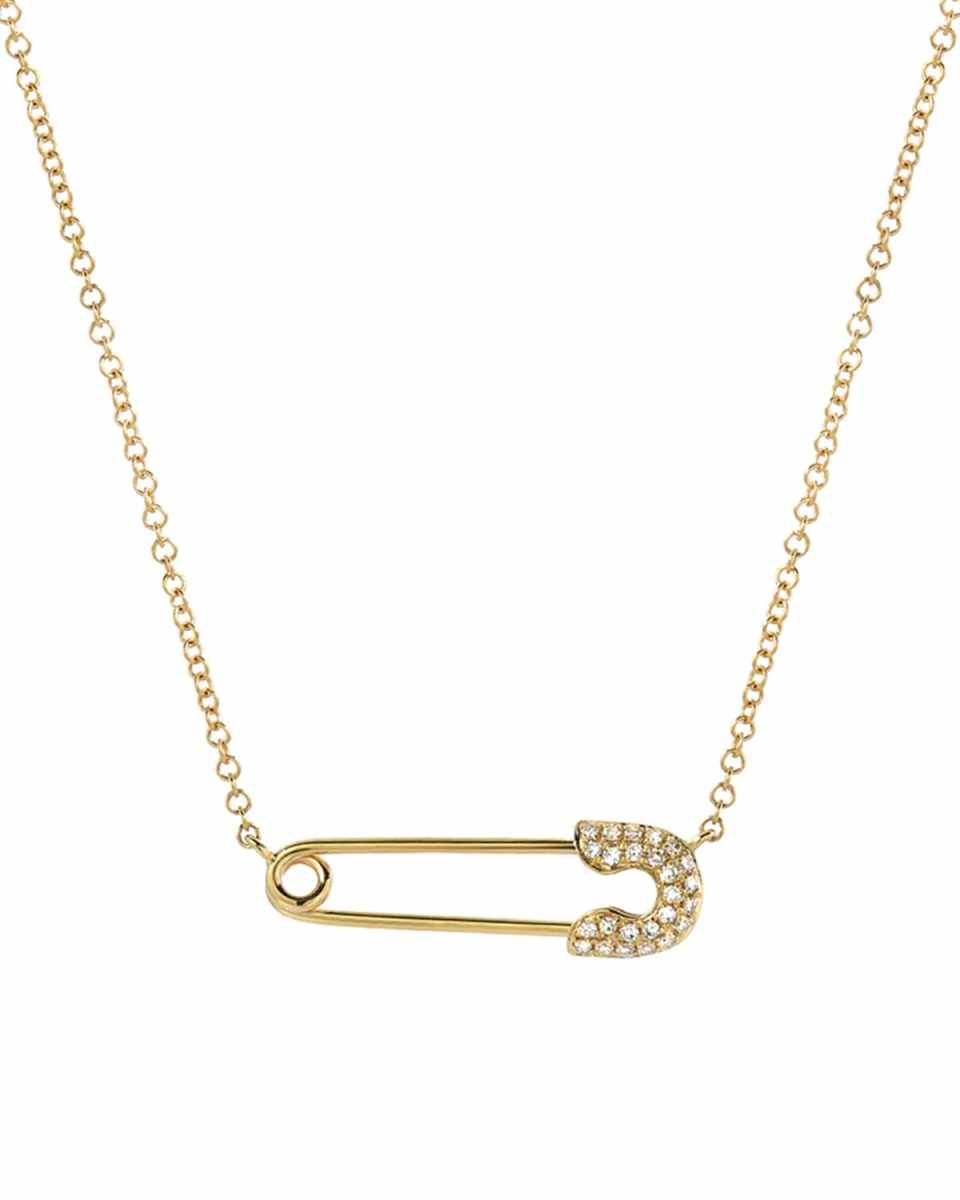 14K Diamond Safety Pin Necklace, 16-18"L