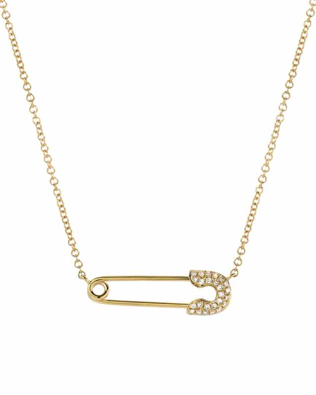 14K Diamond Safety Pin Necklace, 16-18"L