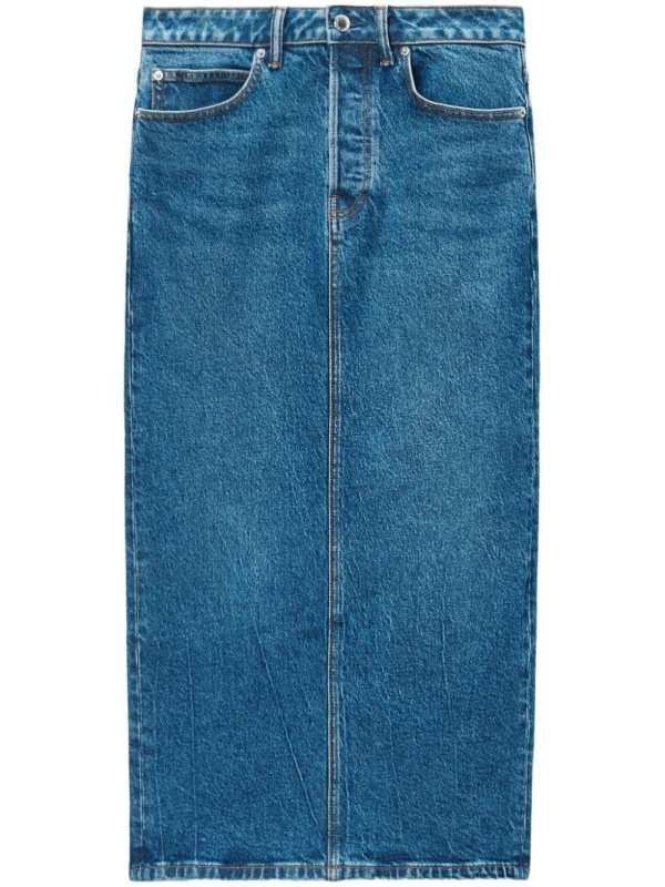 low-rise denim midi skirt