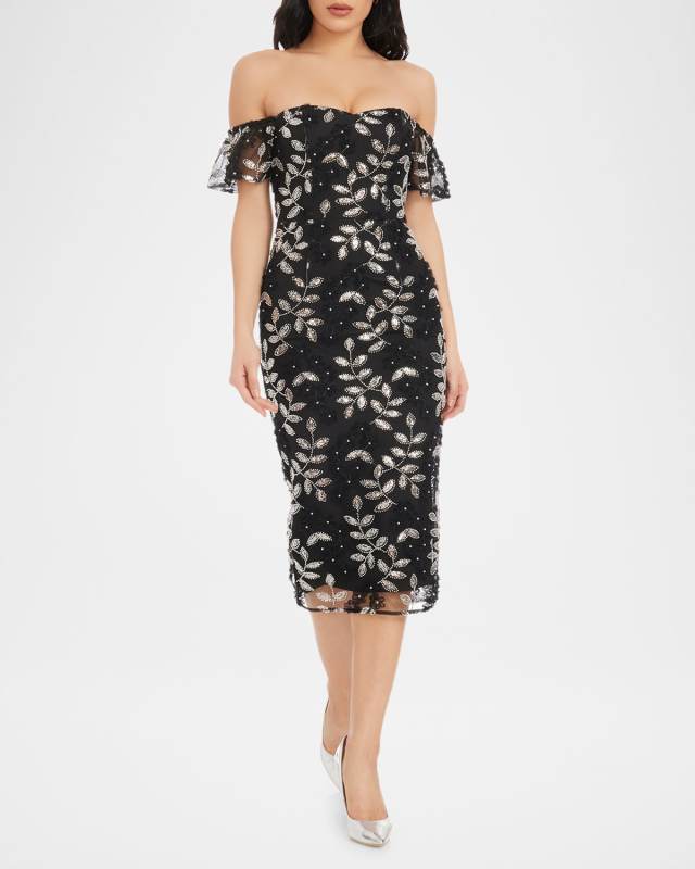 Tara Off-Shoulder Sequin Applique Midi Dress