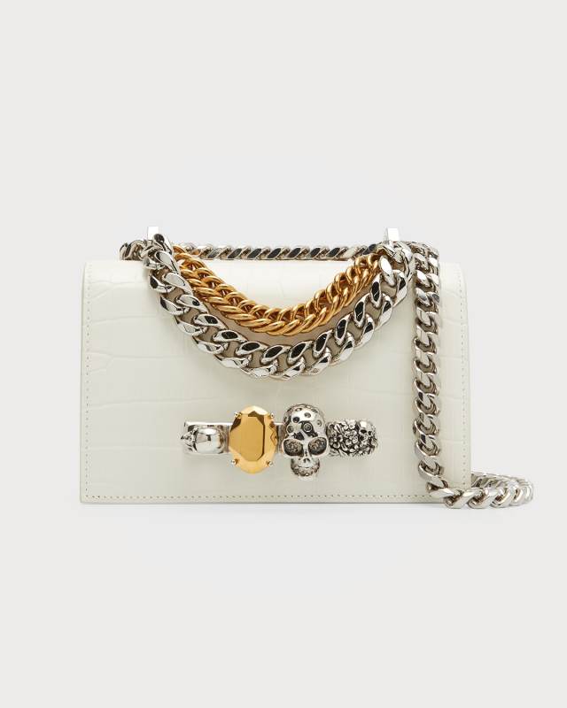 Mini Skull Jewel Croc-Embossed Crossbody Bag