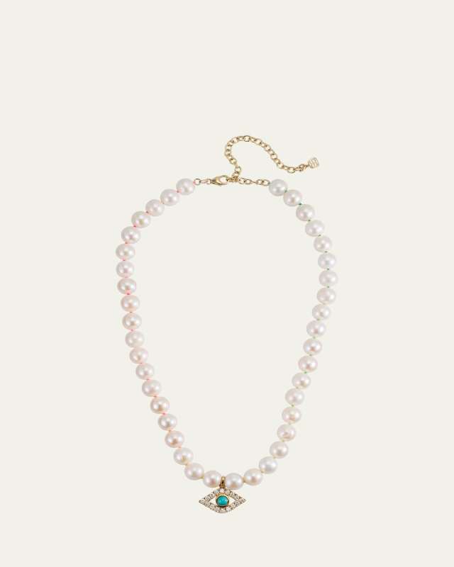 14K Large Turquoise Evil Eye Charm on Freshwater Pearl Necklace