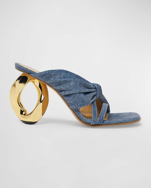 Knotted Denim Chain-Heel Slide Sandals