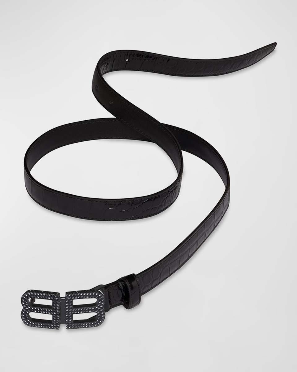 BB Hourglass Thin Belt Crocodile Embossed With Rhinestones