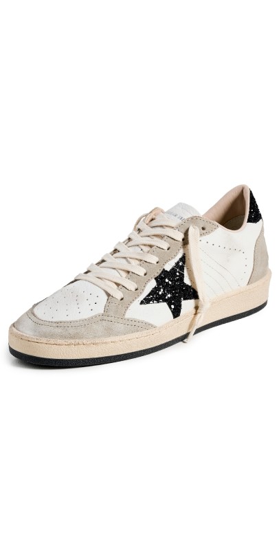 Golden Goose Ballstar Nappa Quarter Glitter Star and Heel Suede Toe and Spur Sneakers WHITE/BLACK/TAUPE