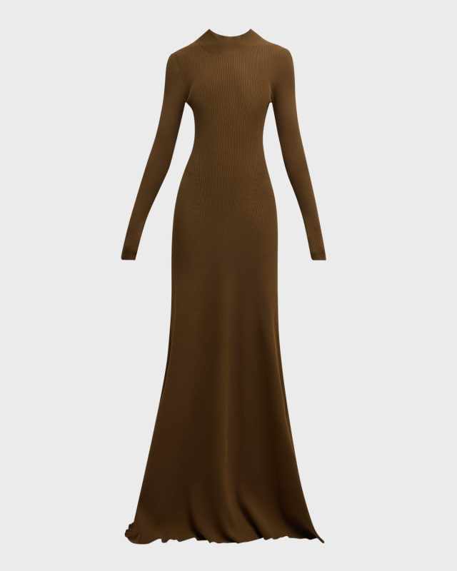 Vanessa Long-Sleeve Rib-Knit A-Line Maxi Dress