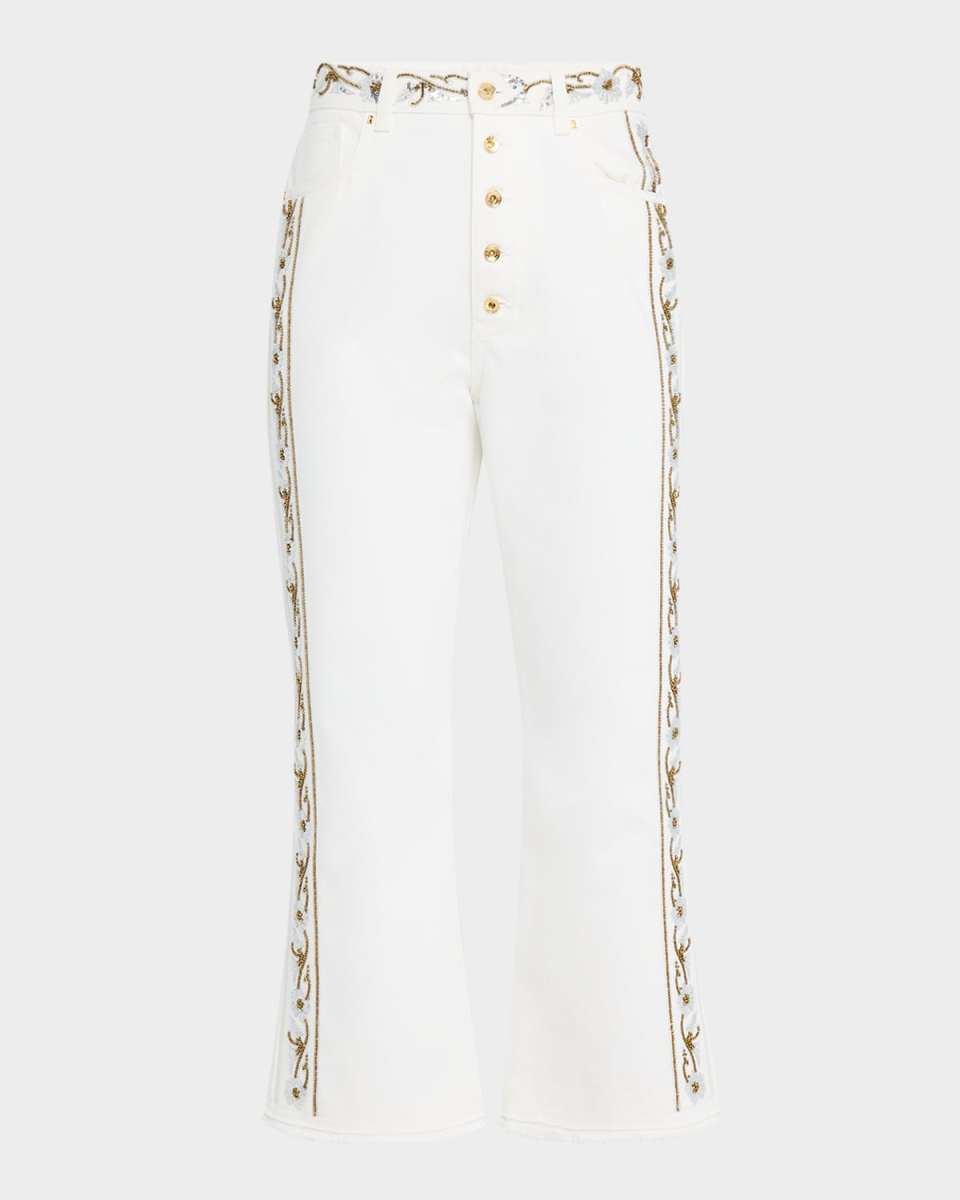 Beaded-Stripe Button-Front Kickflared Ankle Pants