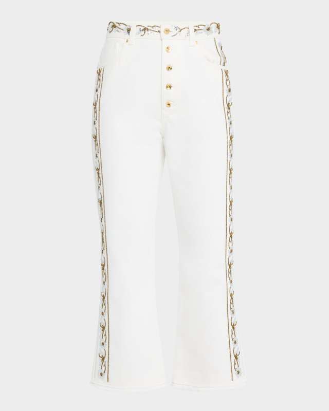 Beaded-Stripe Button-Front Kickflared Ankle Pants