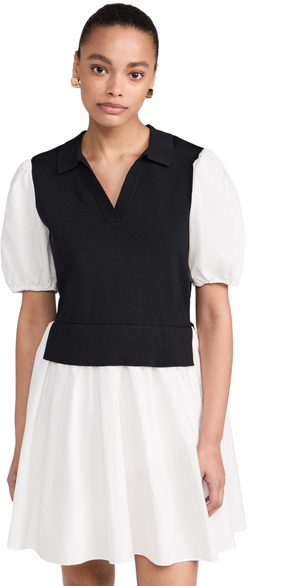 English Factory Knit Collared Poplin Mini Dress Black/Ivory