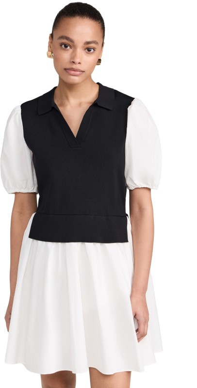 English Factory Knit Collared Poplin Mini Dress Black/Ivory