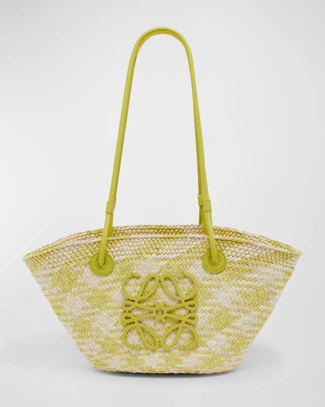 x Paula's Ibiza Anagram Basket Shoulder Bag in Checkered Iraca Palm with Leather Handles