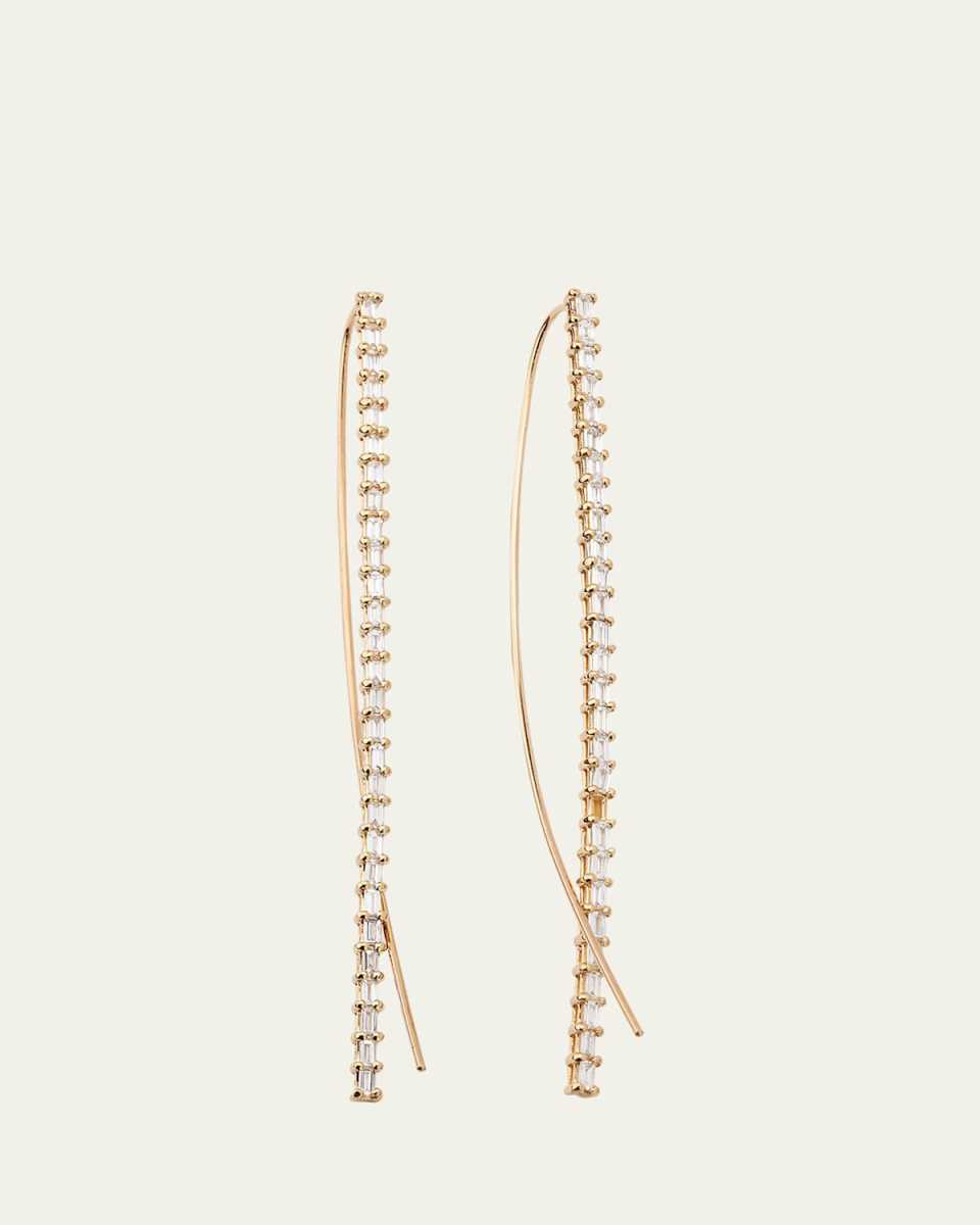 14K Gold Baguette Diamond Narrow Upside-Down Threader Hoop Earrings
