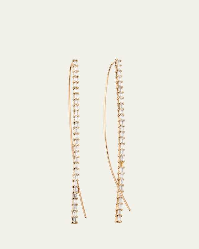 14K Gold Baguette Diamond Narrow Upside-Down Threader Hoop Earrings