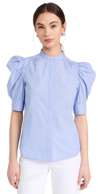 FRAME Ruched Puff Sleeve Shirt Chambray Blue