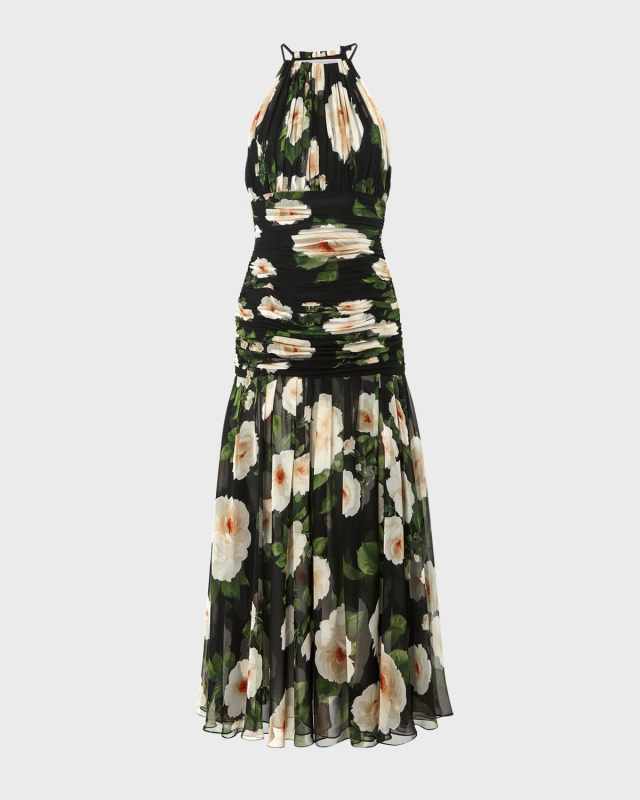 Floral Gathered Halter-Neck Midi Dress
