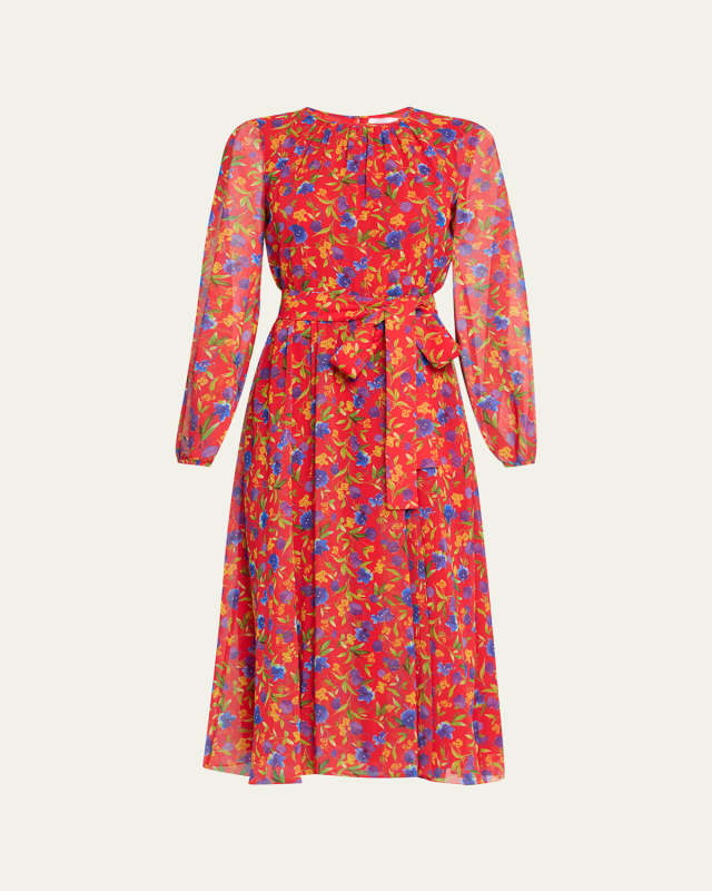 Floral-Print Gathered-Neck Long-Sleeve Midi Dress