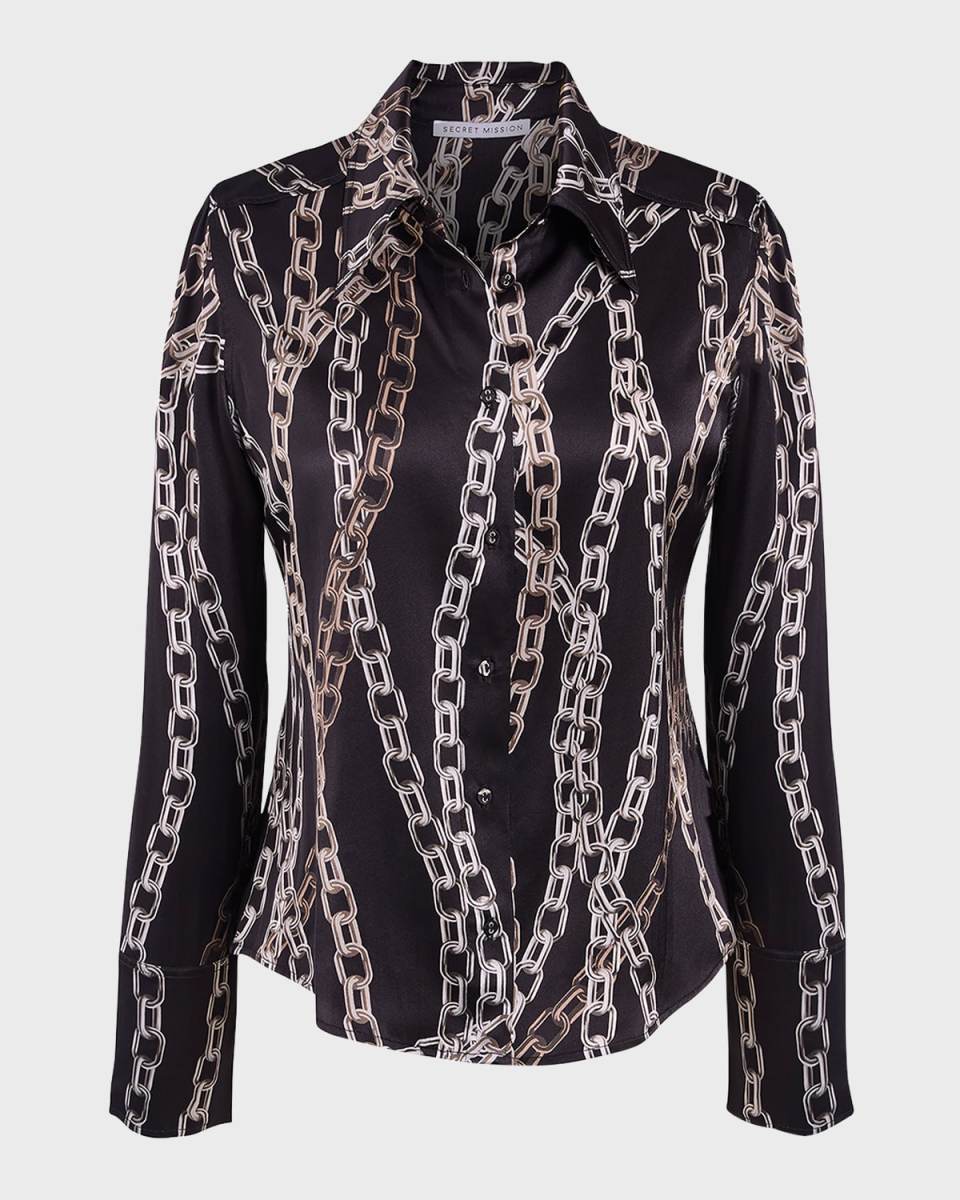 Alex Silk Chain-Print Button-Front Blouse
