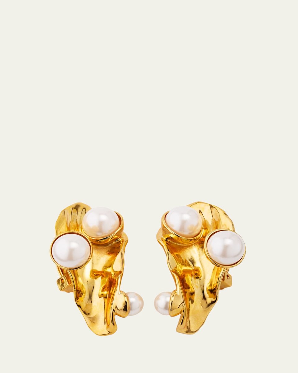 Large Abstract Leaf Earrings with Faux Pearls