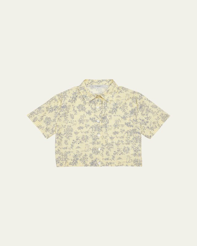 Girl's Floral-Print Gingham Shirt, Size 4-10