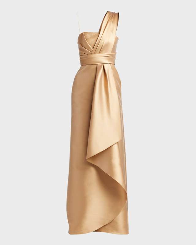 Pleated Drape One-Shoulder Satin Gown