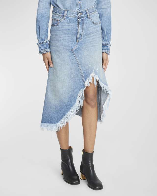 Frayed Side-Slit Recycled Denim Midi Skirt