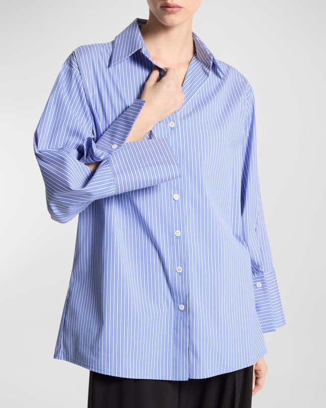 Oversized Cotton Poplin Striped Button-Front Shirt