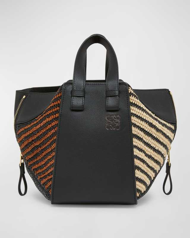 x Paula's Ibiza Hammock Compact Top-Handle Bag in Striped Raffia with Leather Handles