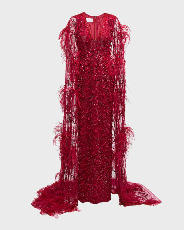 Raspberry Sequined Feather-Trim Cape Column Gown