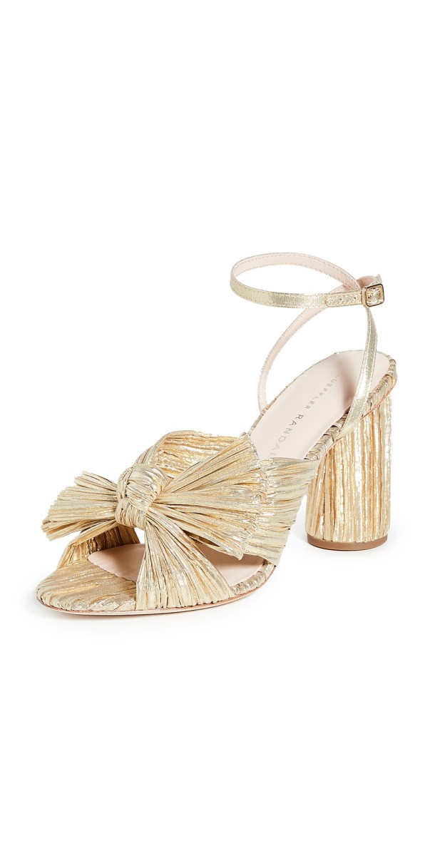 Loeffler Randall Camellia Gold Pleated Bow Heel with Ankle Strap Gold