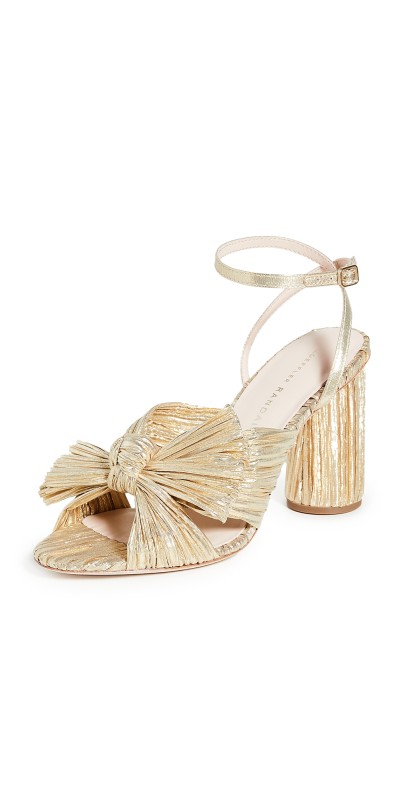 Loeffler Randall Camellia Gold Pleated Bow Heel with Ankle Strap Gold