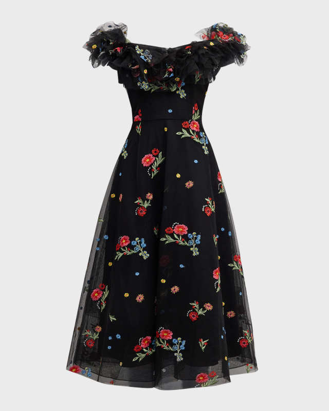 Floral-Embroidered Off-Shoulder Midi Dress