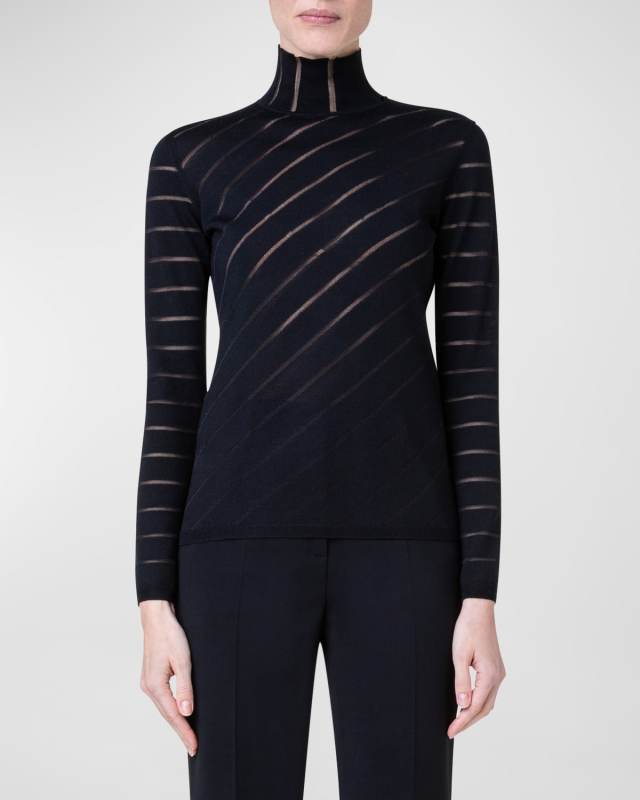 Diagonal Stripe Fitted Mock-Neck Sweater