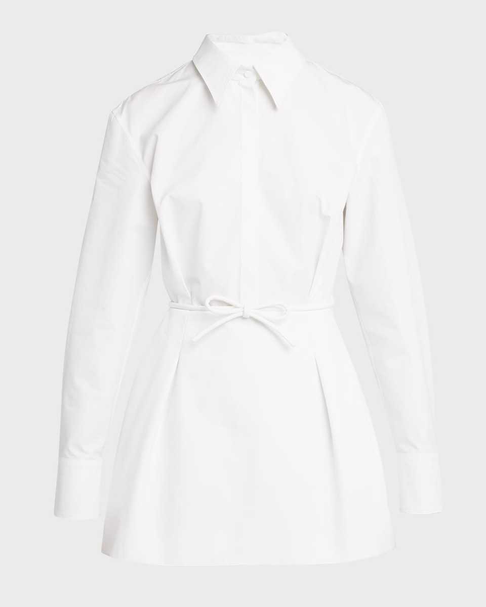 Bow-Waist Long-Sleeve Mini Shirtdress