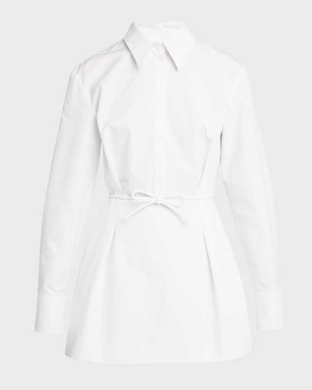 Bow-Waist Long-Sleeve Mini Shirtdress