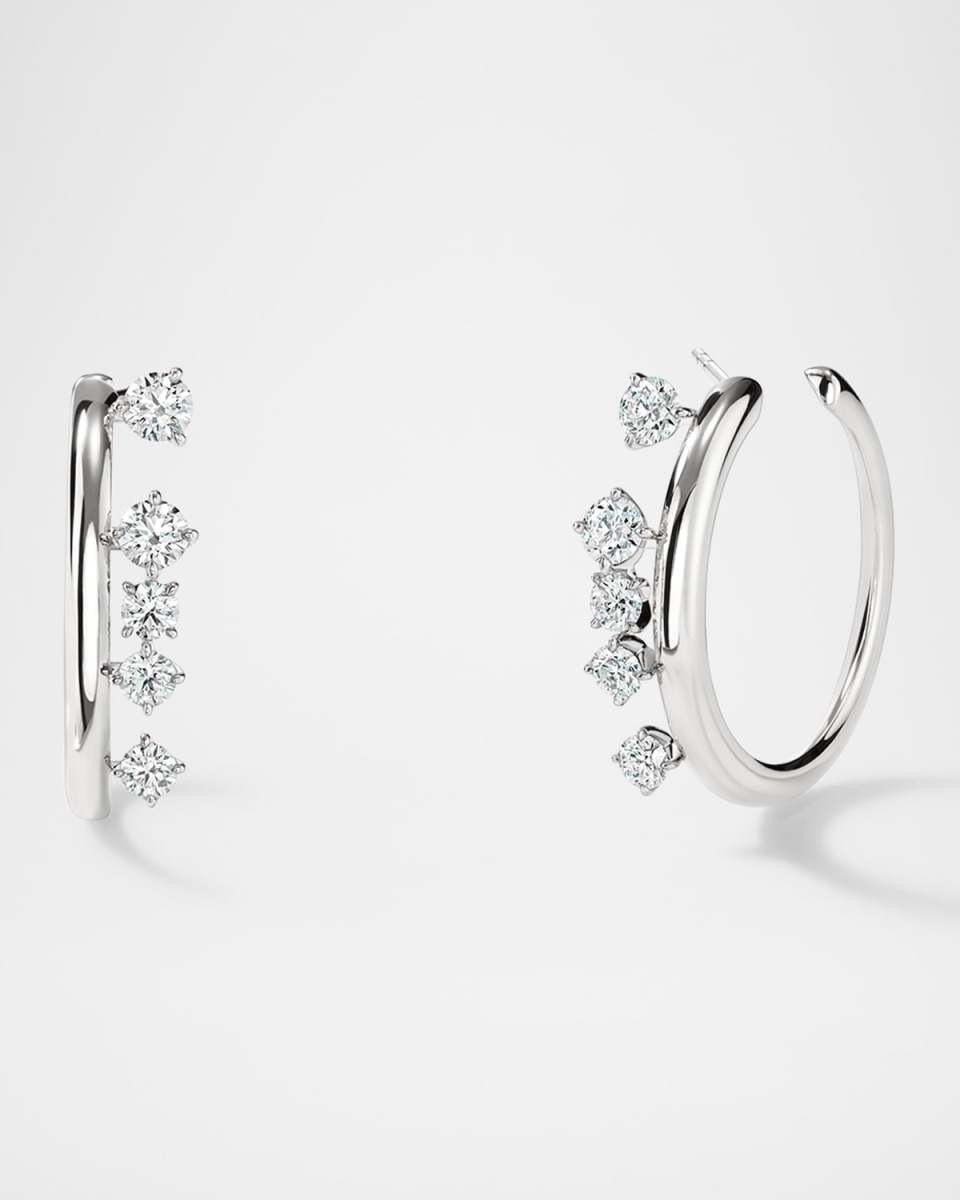 18K White Gold Barre Floating Diamond Small Hoop Earrings