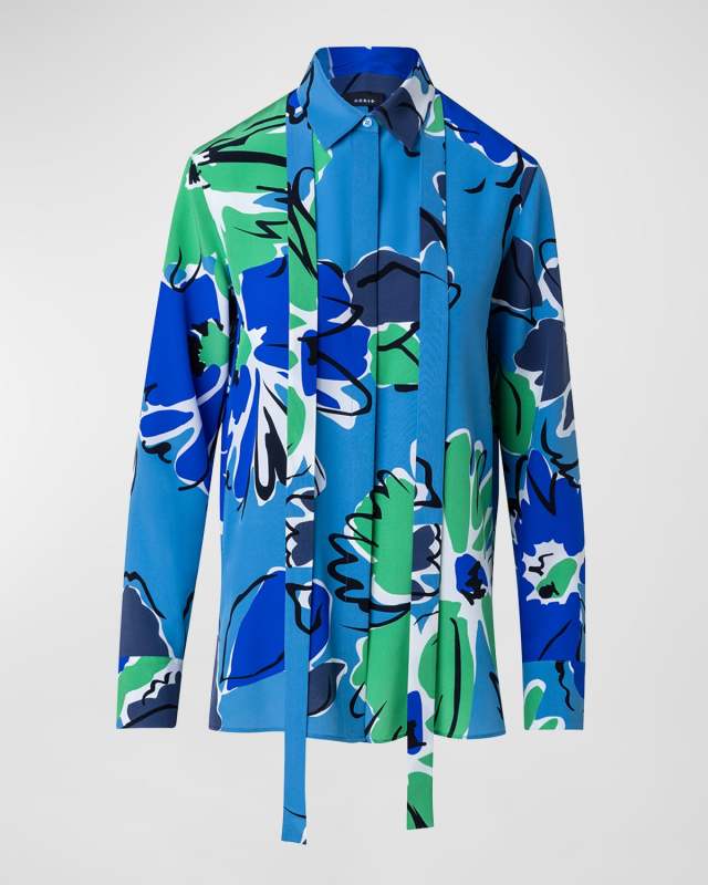 Sketched Abraham Flower-Print Neck-Tie Silk Crepe Shirt