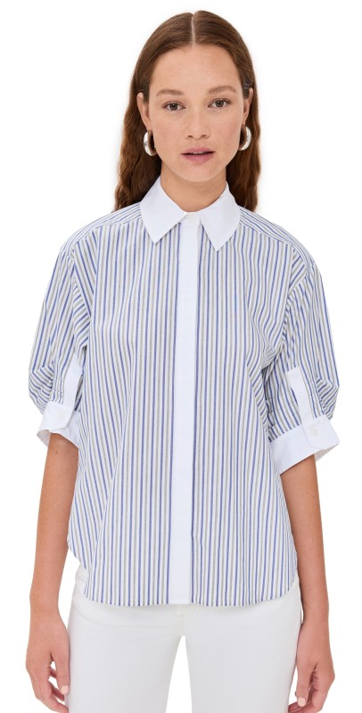 SIMKHAI Gemma Three Quarter Sleeve Shirt Cool Grey Stripe