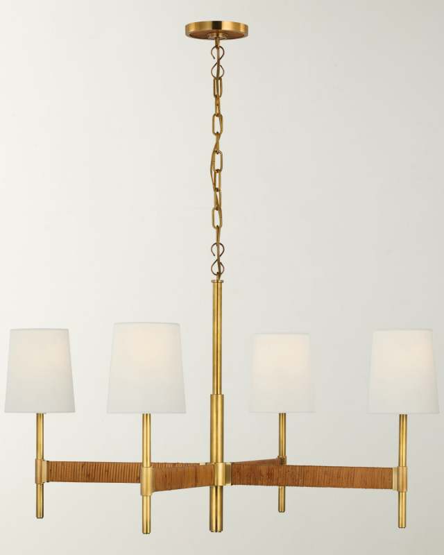 Elle Large Chandelier In Hand-Rubbed Antique Brass And Dark Rattan With Linen Shades By Suzanne Kasler