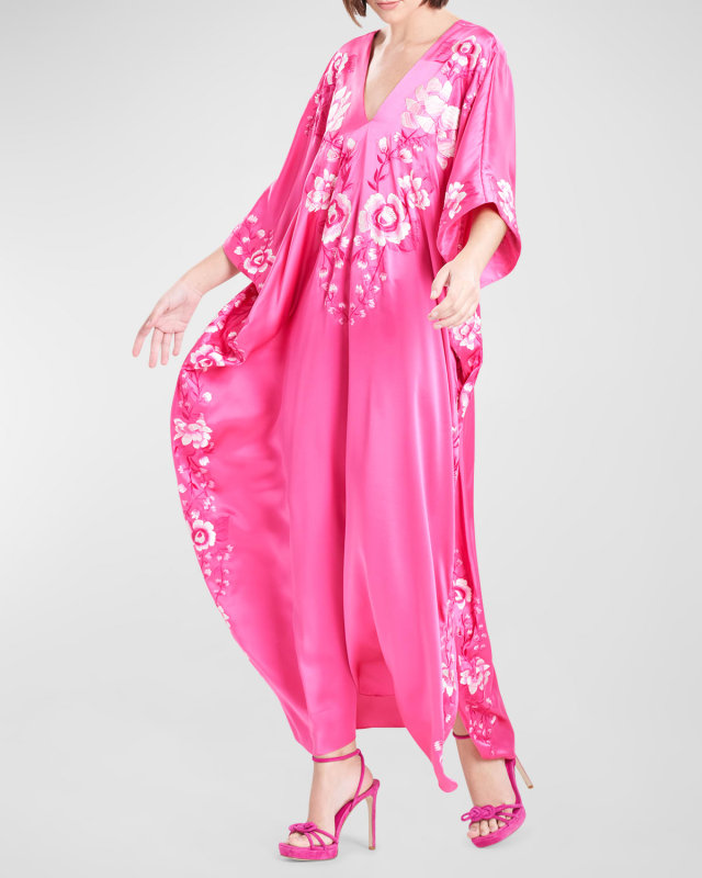 Hanabi Floral-Embroidered Dolman-Sleeve Caftan