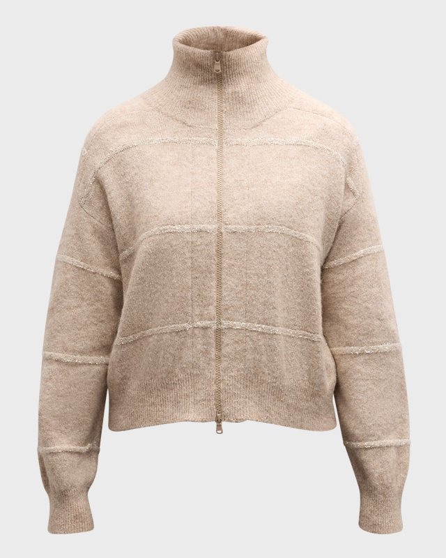 Horizontal Paillette Striped Alpaca Knit Zip Cardigan