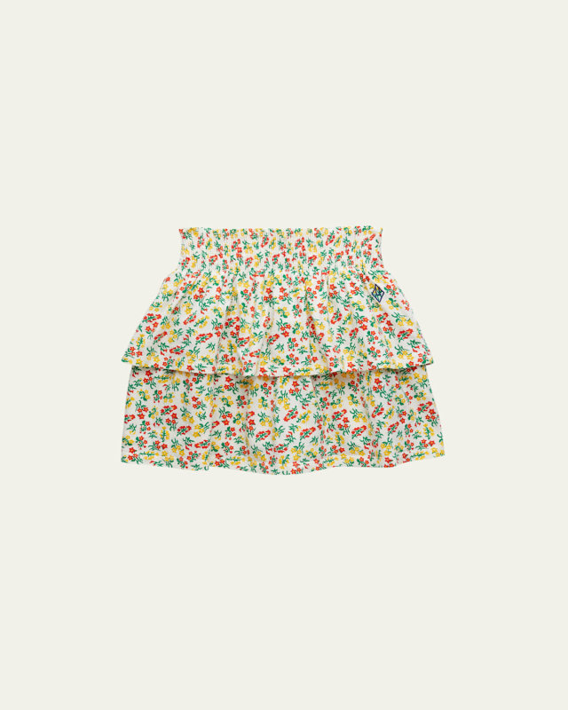 Girl's Kiwi Floral Cotton Tiered-Ruffle Skirt, Size 2-12