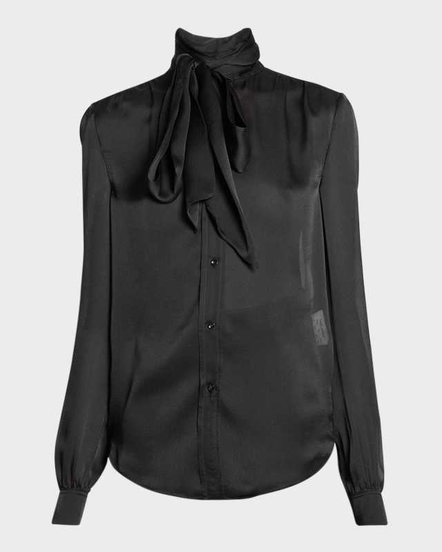 Sheer Silk Tie Neck Blouse
