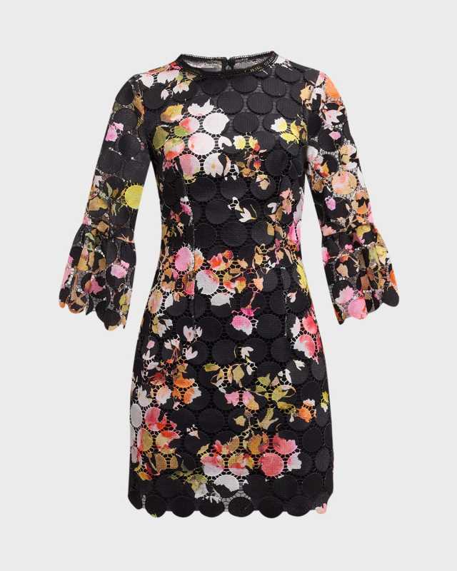 Floral-Print Circle Lace Bell-Sleeve Mini Dress