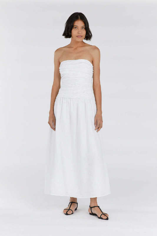 DISSH CATANIA WHITE LINEN STRAPLESS DRESS