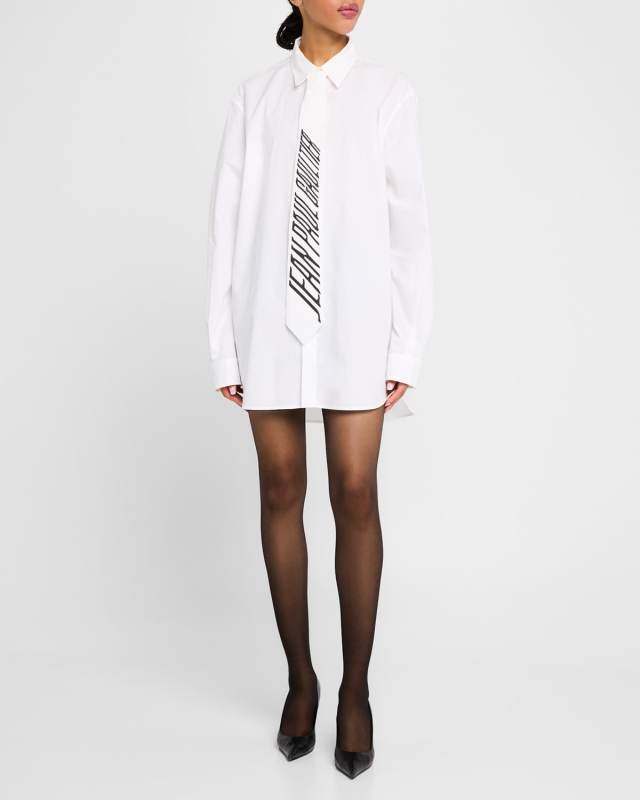Logo Neck-Tie Cotton Poplin Mini Shirtdress