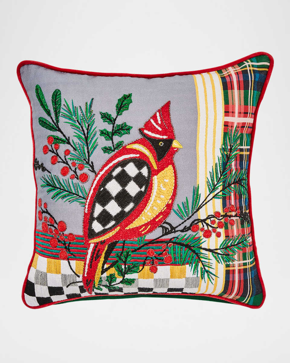 Holiday Cardinal Beaded Throw Pillow, 21" Square