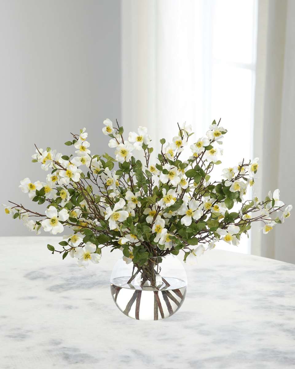 White Dogwood 43" Faux Floral Arrangement in a Glass Bubble