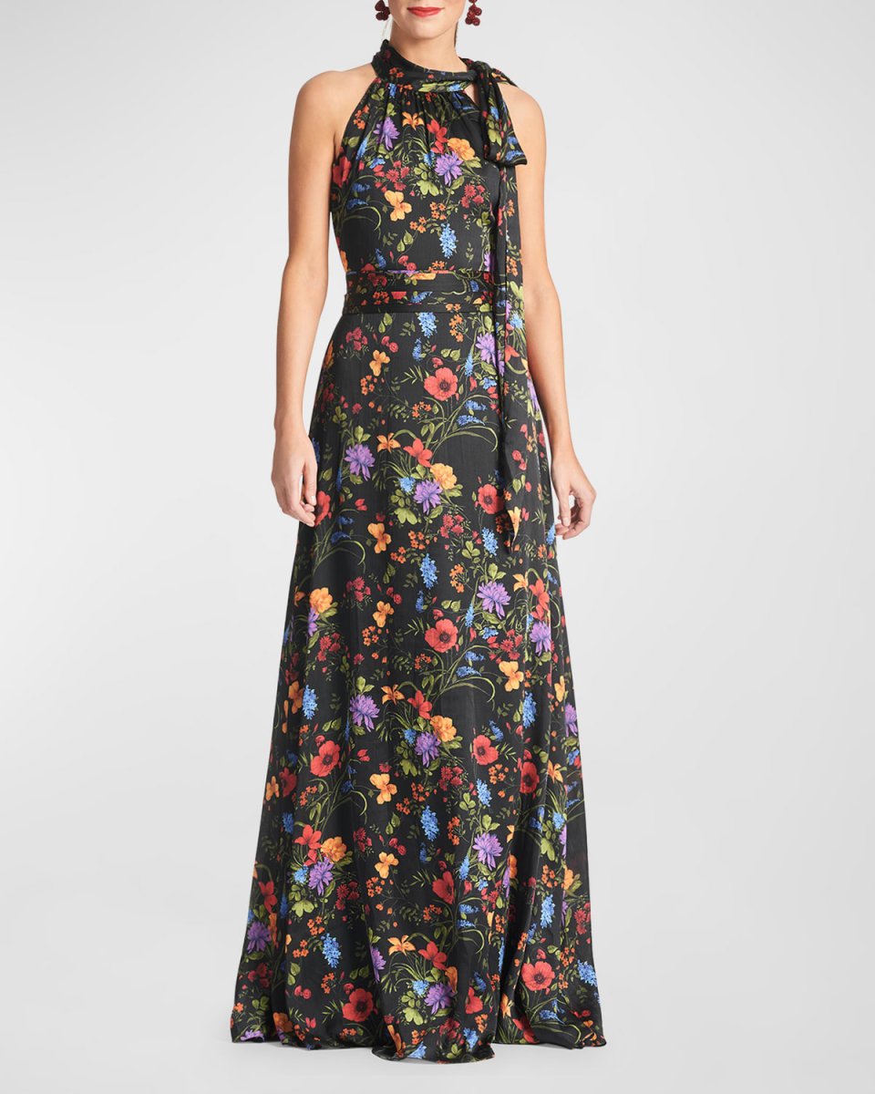 Kayla Floral-Print Tie-Neck Halter Gown