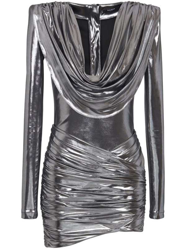 cowl-neck lamé mini dress