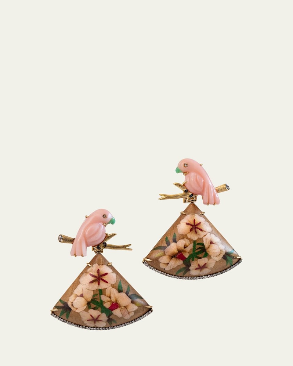 18K Yellow Gold Marquetry Earrings with Diamonds and Light Pink Stones